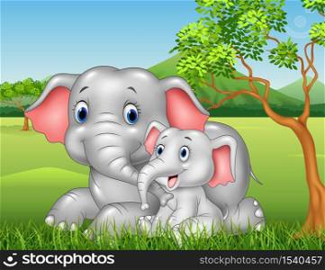 Cartoon funny Mother and baby elephant on jungle background
