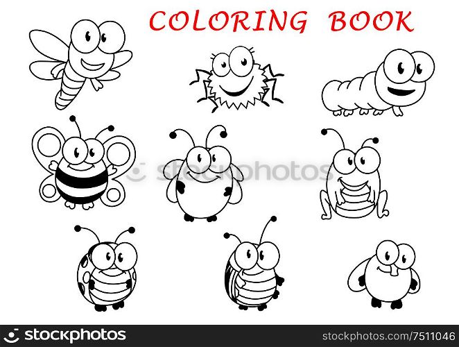 Cartoon funny outline insect characters with fly, ladybug, butterfly, dragonfly, bee caterpillar beetle spider and grasshopper. Cartoon funny outline insect characters