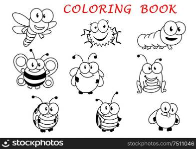 Cartoon funny outline insect characters with fly, ladybug, butterfly, dragonfly, bee caterpillar beetle spider and grasshopper. Cartoon funny outline insect characters