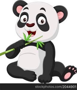 Cartoon funny panda eating bamboo leaves