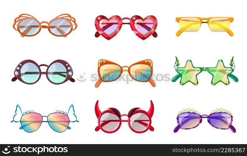 Cartoon funny party sunglasses, eyewear for carnival costume. Summer vacation festive heart shaped glasses. Celebration accessory vector set. Illustration of sunglasses and eyewear. Cartoon funny party sunglasses, eyewear for carnival costume. Summer vacation festive heart shaped glasses. Celebration accessory vector set