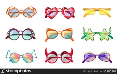 Cartoon funny party sunglasses, eyewear for carnival costume. Summer vacation festive heart shaped glasses. Celebration accessory vector set. Illustration of sunglasses and eyewear. Cartoon funny party sunglasses, eyewear for carnival costume. Summer vacation festive heart shaped glasses. Celebration accessory vector set