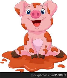 Cartoon funny pig sitting in the mud