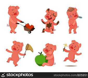 Cartoon funny pigs in action poses. Pig cartoon, animal character. Vector illustration. Cartoon funny pigs in action poses