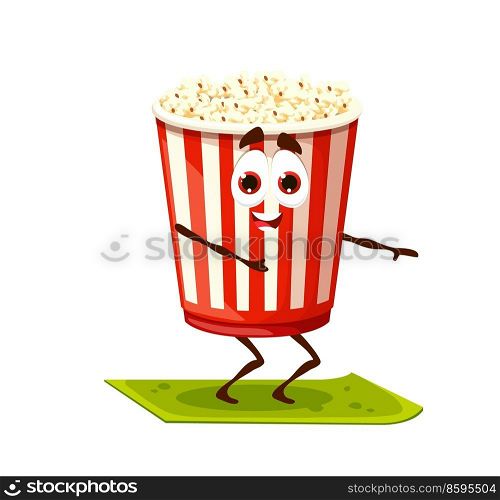 Cartoon funny popcorn bucket character on yoga fitness. Happy smiling fast food meal character squats on fitness mat. Comical popcorn vector character doing exercises, practicing yoga. Cartoon popcorn bucket character on yoga fitness