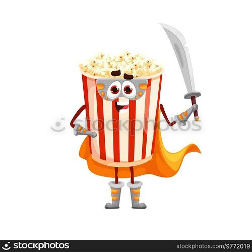 Cartoon funny popcorn defender character. Cute fast food dessert hero personage wearing mask and cloak, armed with sword or sabre weapon. Isolated funny pop corn cheerful warrior vector character. Cartoon popcorn defender character with sabre