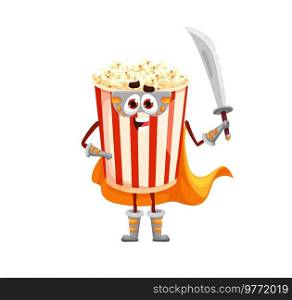 Cartoon funny popcorn defender character. Cute fast food dessert hero personage wearing mask and cloak, armed with sword or sabre weapon. Isolated funny pop corn cheerful warrior vector character. Cartoon popcorn defender character with sabre