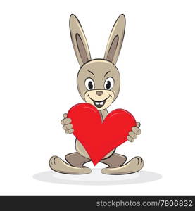 Cartoon funny rabbit holds big red heart, vector illustration.