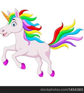 Cartoon funny rainbow unicorn horse jumping