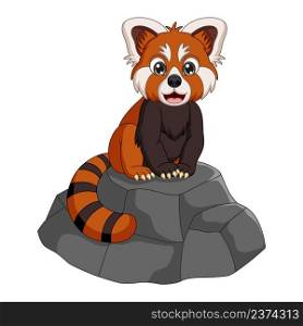 Cartoon funny red panda on the rock