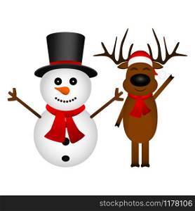 Cartoon funny reindeer and snowman waving hands isolated on white background. Cartoon funny reindeer and snowman waving hands isolated on white