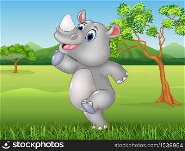 Cartoon funny rhino posing in the jungle