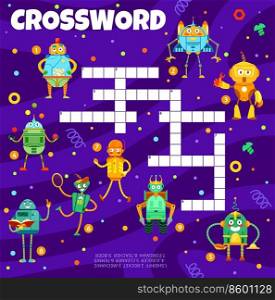 Cartoon funny robots, crossword grid worksheet and find word quiz, vector game. Crossword game to guess robot androids and robotic cyborg characters as sheriff, rocket or mechanic and juggler. Cartoon funny robots, crossword grid worksheet
