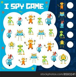 Cartoon funny robots I spy game worksheet, vector puzzle for kids. Tabletop riddle game to find and match funny robot toys, android bots and electronic cyborgs with cogwheels on motherboard. Cartoon funny robots I spy game worksheet, puzzle