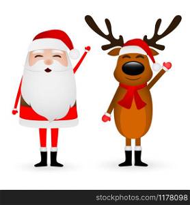 Cartoon funny santa claus and reindeer waving hands isolated on white background. Cartoon funny santa claus and reindeer waving hands isolated on white