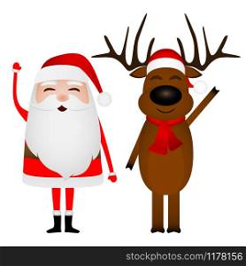 Cartoon funny santa claus and reindeer waving hands isolated on white background. Cartoon funny santa claus and reindeer waving hands isolated on white