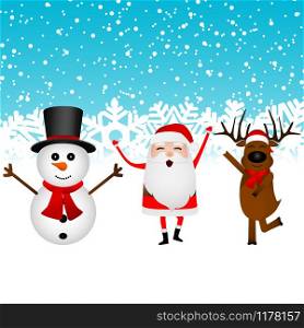 Cartoon funny santa claus, reindeer and snowman dancing in the forest. Cartoon funny santa claus, reindeer and snowman dancing