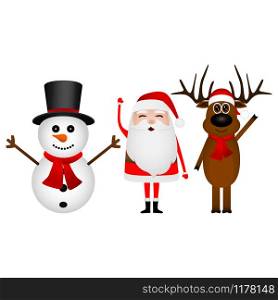 Cartoon funny santa claus, reindeer and snowman waving hands isolated on white background. Cartoon funny santa claus, reindeer and snowman waving hands isolated on white