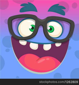 Cartoon funny smart and clever monster face wearing glasses. Vector illustration