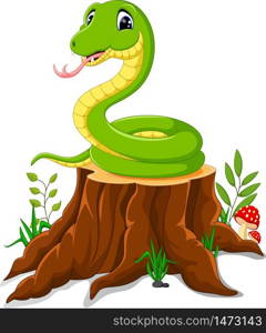 Cartoon funny snake on tree stump