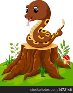 Cartoon funny snake on tree stump