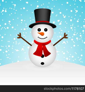 Cartoon funny snowman smiling in the forest. Cartoon funny snowman in the forest
