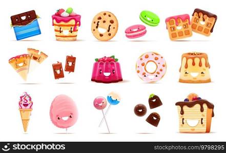 Cartoon funny sweets, desserts and bakery characters. Isolated vector kawaii chocolate bar, cake, pie, ice cream and donut. Cotton candy, lollipop, pudding, cookie or wafer and macaroon personages. Cartoon funny sweets, desserts, bakery characters