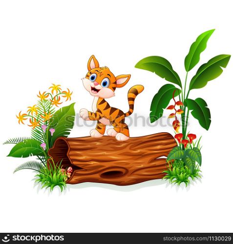 Cartoon funny tiger on tree trunk