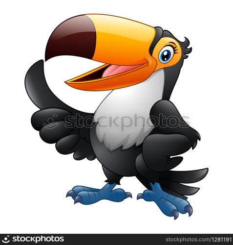 Cartoon funny toucan giving thumb up isolated on white background