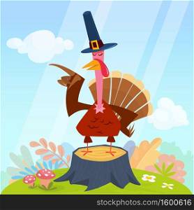 Cartoon funny turkey bird character for Thanksgiving illustration. Vector