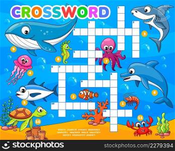 Cartoon funny underwater animals and fish crossword grid worksheet. Find a word quiz of sea wildlife. Vector puzzle game of dolphin, shark, octopus and whale, crab, shrimp, tuna and seahorse. Cartoon underwater animals and fish crossword grid