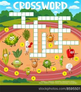 Cartoon funny vegetable sportsmen on athletic field, crossword puzzle game grid,. Vector kids quiz worksheet or crossword riddle with vegetable son sport, corn, pepper and potato with gym barbell. Cartoon funny vegetable sportsmen, kids crossword