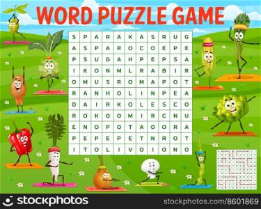 Cartoon funny vegetables on green meadow in yoga poses word search puzzle game worksheet. Vector kids quiz grid with happy veggies doing sport exercises, onion, radish, mushroom and olive, corn, beans. Cartoon vegetables in yoga poses word search game