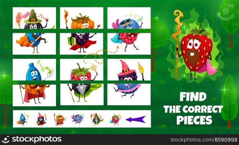 Cartoon funny wizard and fairy berries characters. Find the correct pieces game worksheet, kids riddle with matching and comparing task. Child logical quiz or puzzle game page with berries sorcerers. Find the correct pieces game with wizard berries