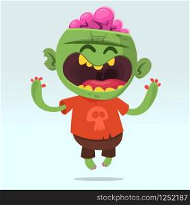 Cartoon funny zombie. Halloween vector illustration of happy monster