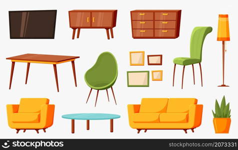 Cartoon furniture. Room furnitures, interior living lounge elements. Isolated home decor, modern sofa table chairs and lamp recent vector. Illustration furniture interior cartoon, chair and table. Cartoon furniture. Room furnitures, interior living lounge elements. Isolated home decor, modern sofa table chairs and lamp recent vector collection