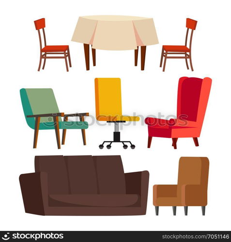 Cartoon Furniture Set Vector. Sofa, Chair, Table, Office Chair. Flat Isolated Illustration. Cartoon Furniture Set Vector. Sofa, Chair, Table, Office Chair Flat Isolated