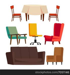 Cartoon Furniture Set Vector. Sofa, Chair, Table, Office Chair. Flat Isolated Illustration. Cartoon Furniture Set Vector. Sofa, Chair, Table, Office Chair Flat Isolated