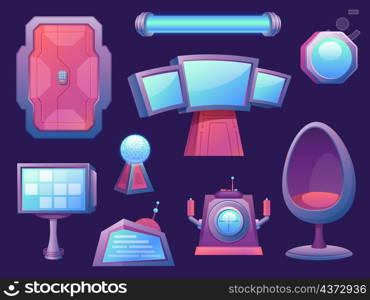 Cartoon futuristic alien space ship room interior elements. Spaceship cockpit and screen, chair and door. Rocket equipment, game vector set. Illustration of ship alien interior futuristic. Cartoon futuristic alien space ship room interior elements. Spaceship cockpit and screen, chair and door. Rocket equipment, game vector set