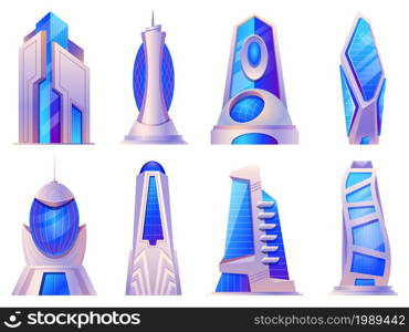 Cartoon futuristic city buildings and skyscrapers glass construction. Alien or future tower build, urban cyberpunk architecture vector set. Unusual shaped architecture for office or apartment. Cartoon futuristic city buildings and skyscrapers glass construction. Alien or future tower build, urban cyberpunk architecture vector set