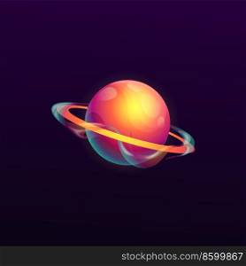 Cartoon galaxy planet with ring and waves. Deep space fantastic world or sci-fi exoplanet. Fantasy space game user interface element, alien planet vector icon with violet surface, gas and water ring. Cartoon galaxy planet with ring and waves GUI icon