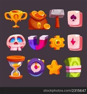 Cartoon game icons for casino or rpg user interface. Gold trophy cup, money sack, hammer, playing cards and skull, magnet, gear, hourglass and clock, golden star and paper bills Vector elements set. Cartoon game icons, casino or rpg user interface