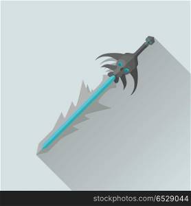 Cartoon Game Sword with Shadow. War Concept.. Cartoon game sword with shadow. One-handed medieval knife. Weapon symbol icon. War concept. For computer games, mobile appliances. Part of series of game objects in flat design. Vector illustration.