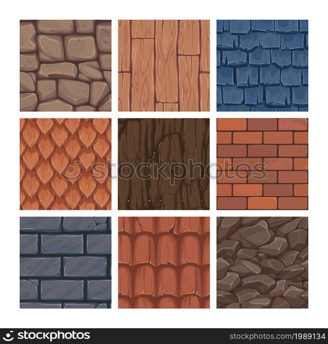 Cartoon game texture. Roof and wall backgrounds for gaming UI. Stone block and brickwork. Rock, soil and wooden construction materials. Grunge house surfaces mockup. Vector geological structures set. Cartoon game texture. Roof and wall backgrounds for gaming UI. Stone block and brickwork. Rock, soil and wooden construction materials. House surfaces. Vector geological structures set