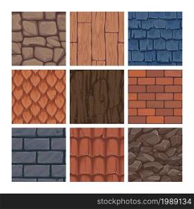 Cartoon game texture. Roof and wall backgrounds for gaming UI. Stone block and brickwork. Rock, soil and wooden construction materials. Grunge house surfaces mockup. Vector geological structures set. Cartoon game texture. Roof and wall backgrounds for gaming UI. Stone block and brickwork. Rock, soil and wooden construction materials. House surfaces. Vector geological structures set