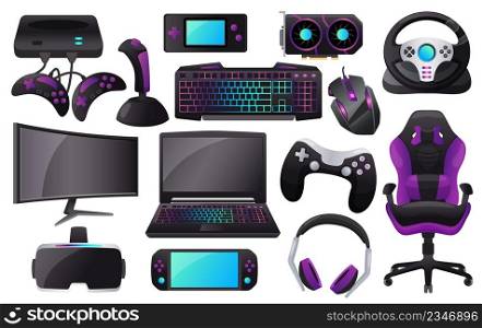 Cartoon gaming accessories, professional gamer gear and equipment. Monitor, headphone, keyboard, vr headset, gaming peripherals vector set. Virtual reality devices, steering wheel and laptop. Cartoon gaming accessories, professional gamer gear and equipment. Monitor, headphone, keyboard, vr headset, gaming peripherals vector set