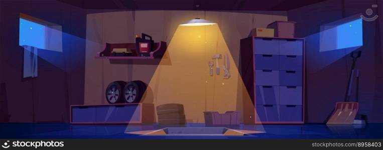 Cartoon garage interior design at night. Vector illustration of dark auto repair shop with pit illuminated by l&light, instruments on wall, car tyres on shelf and box with equipment on floor. Cartoon garage interior design at night