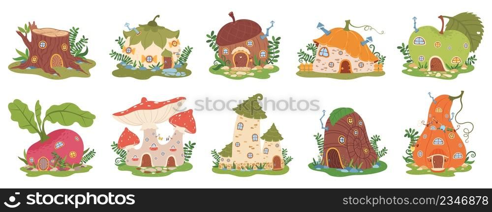 Cartoon garden gnome houses, cute fairytale dwarfs house. Fantasy forest elves buildings in shape of mushroom, pumpkin, apple vector set. Little magical homes with greenery isolated on white. Cartoon garden gnome houses, cute fairytale dwarfs house. Fantasy forest elves buildings in shape of mushroom, pumpkin, apple vector set