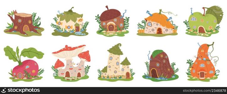 Cartoon garden gnome houses, cute fairytale dwarfs house. Fantasy forest elves buildings in shape of mushroom, pumpkin, apple vector set. Little magical homes with greenery isolated on white. Cartoon garden gnome houses, cute fairytale dwarfs house. Fantasy forest elves buildings in shape of mushroom, pumpkin, apple vector set