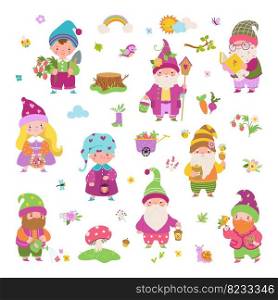 Cartoon garden gnomes, fairy dwarf characters. Cute flat female and male dwarfs, vegetables, plants and birds. Summer spring autumn nowaday vector collection of character gnome of garden illustration. Cartoon garden gnomes, fairy dwarf characters. Cute flat female and male dwarfs, vegetables, plants and birds. Summer spring autumn nowaday vector collection